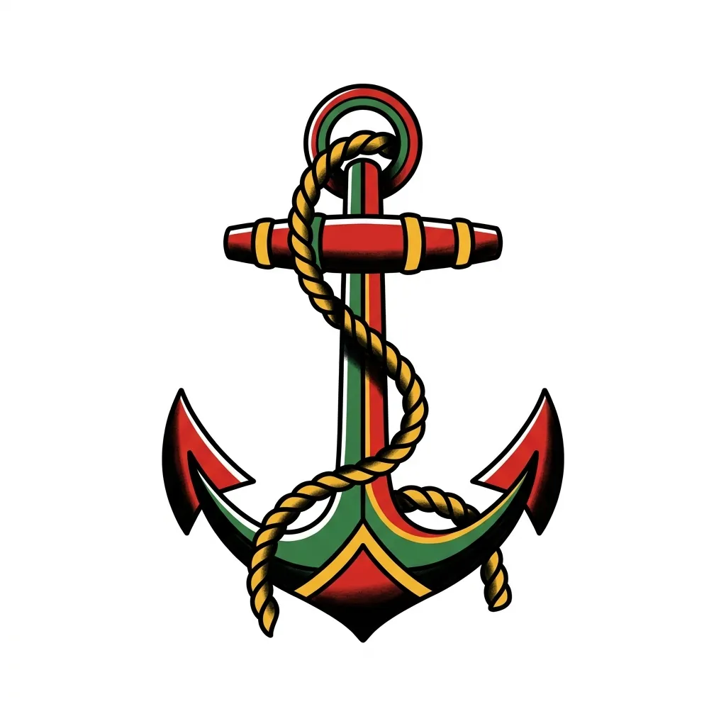 AI generated example: american traditional tattoo design, an anchor wrapped in rope, on a white background
