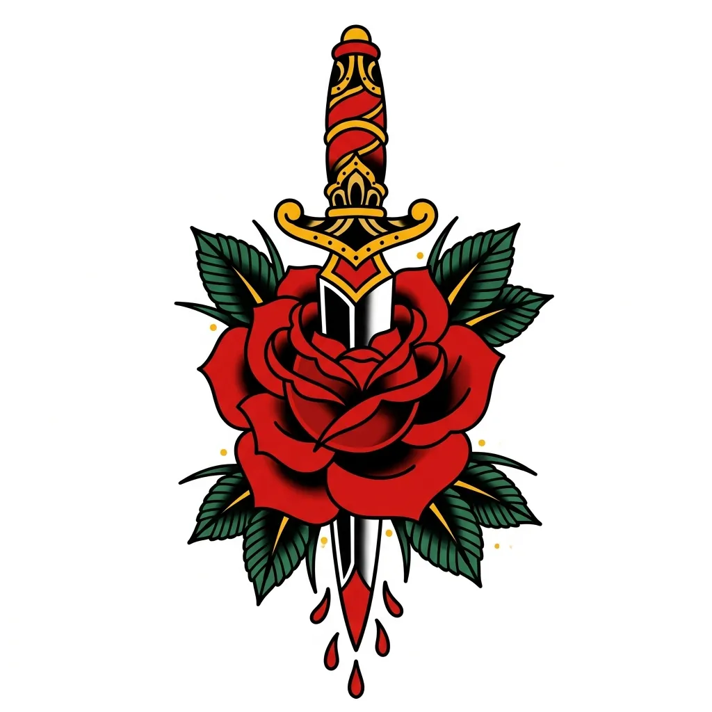 AI generated example: american traditional tattoo design, a dagger through a rose, on a white background