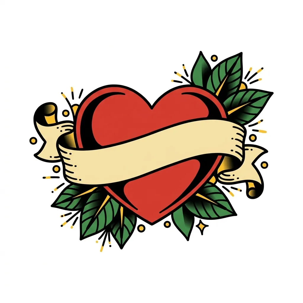 AI generated example: american traditional tattoo design, a heart with a blank banner across it, no text, on a white background