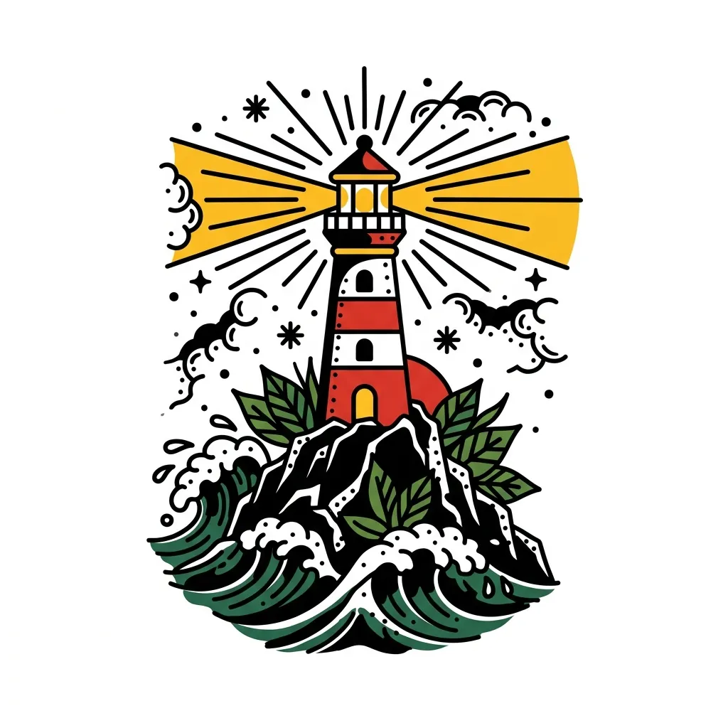 AI generated example: american traditional tattoo design, a lighthouse with a beam of light, on a white background