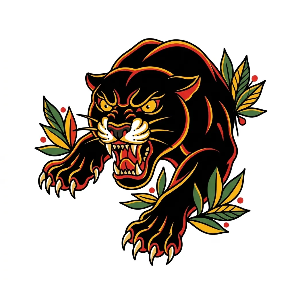 AI generated example: american traditional tattoo design, a crawling panther head and paws, on a white background