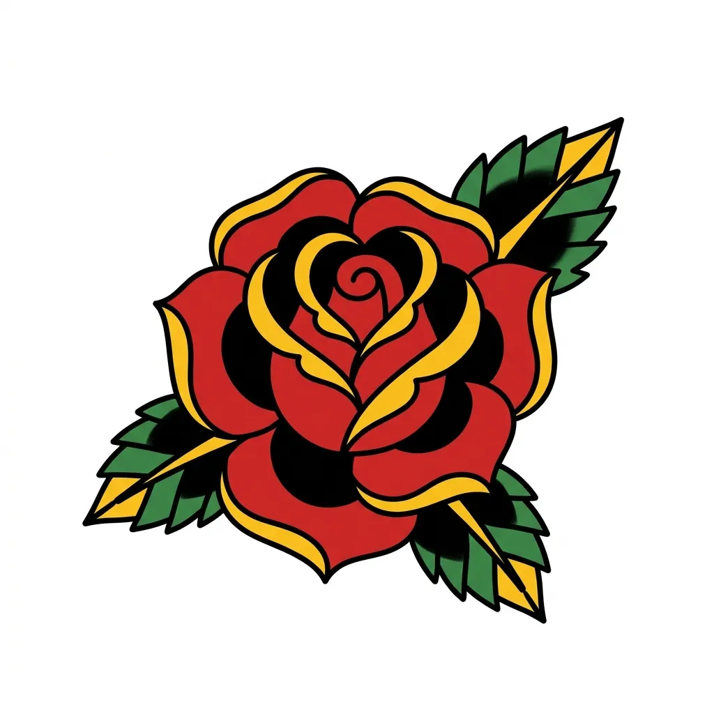 AI generated example: american traditional tattoo design, a classic rose with two leaves, on a white background