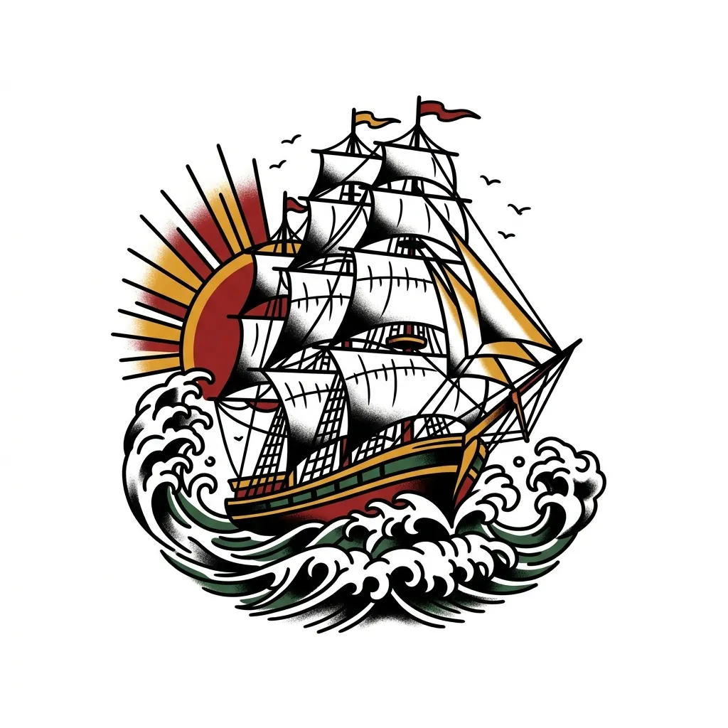 AI generated example: american traditional tattoo design, a sailing ship on waves, on a white background