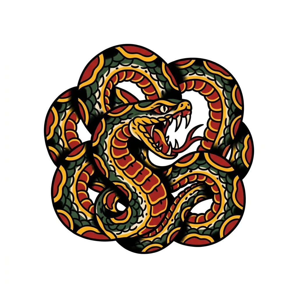AI generated example: american traditional tattoo design, a coiled snake with open mouth, on a white background