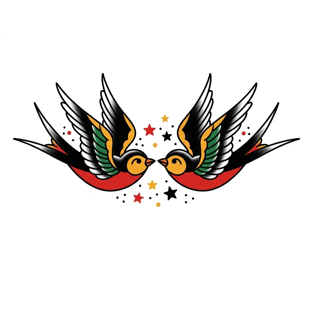 AI generated example: american traditional tattoo design, two swallows facing each other, on a white background
