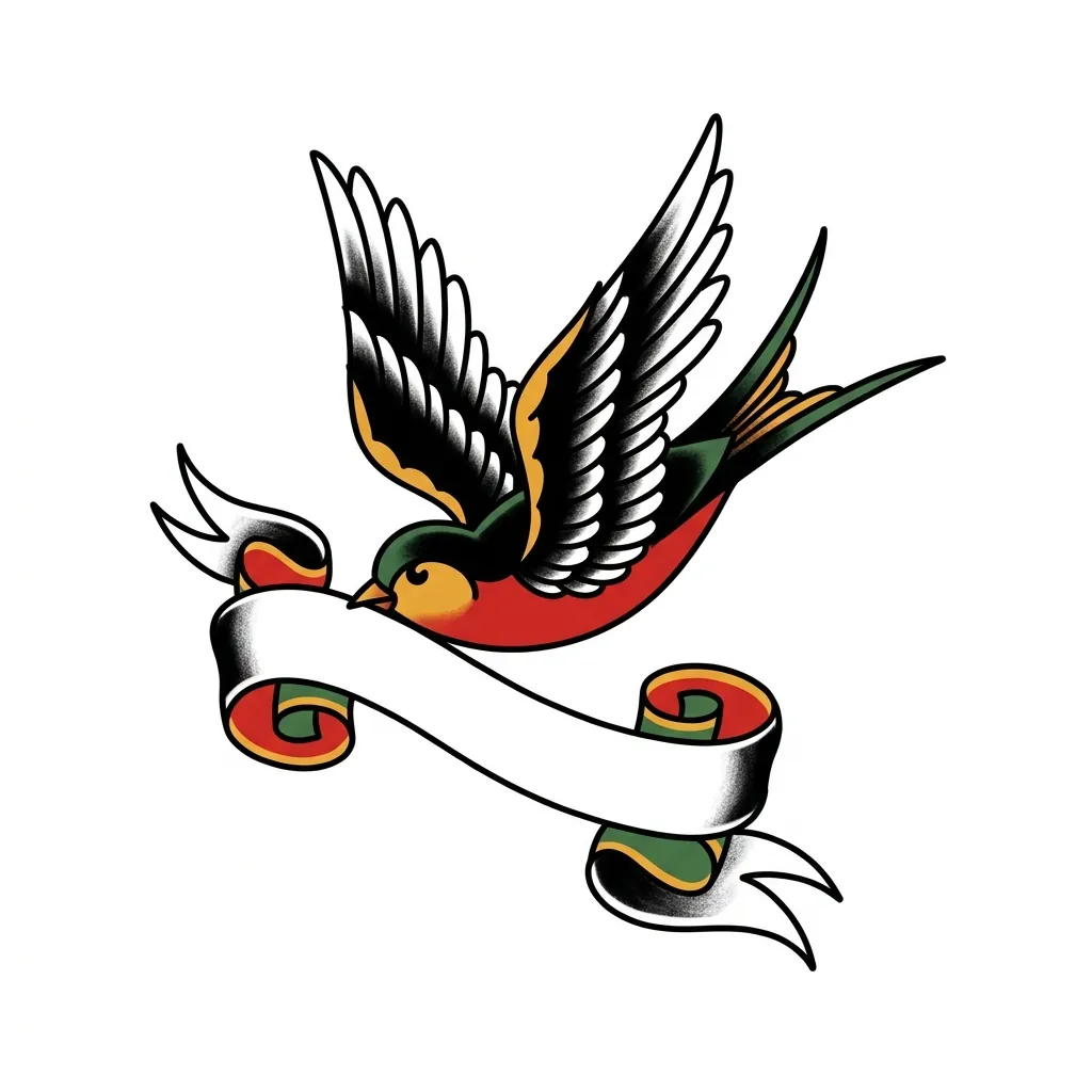 AI generated example: american traditional tattoo design, a swallow carrying a blank banner with no text on it, on a white background