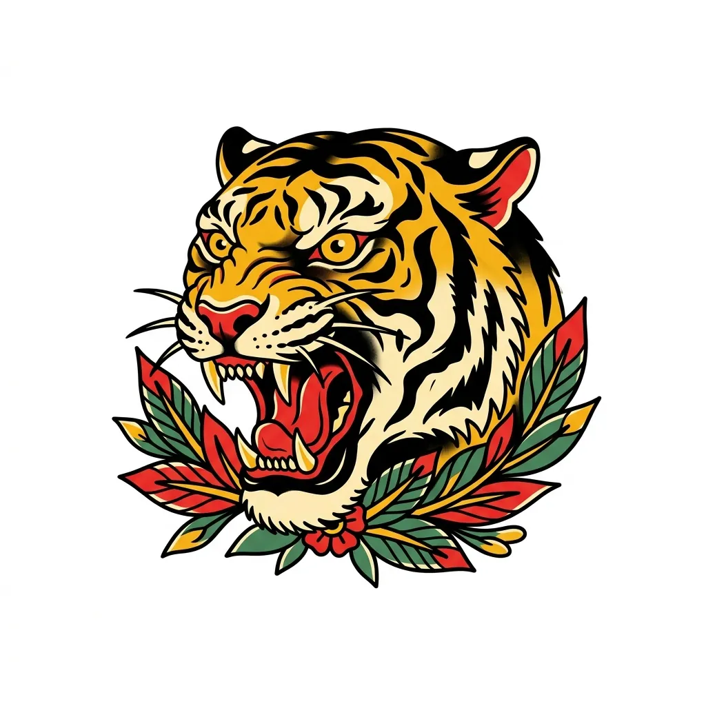 AI generated example: american traditional tattoo design, a snarling tiger head, on a white background