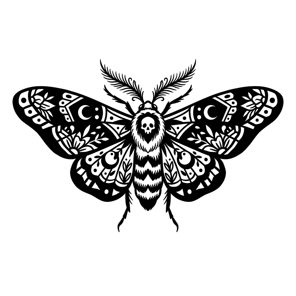 AI generated example: blackwork tattoo design, a moth with solid black wings, crescent moon details and negative space pattern, on a white background