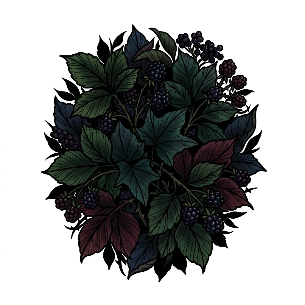 AI generated example: cover-up tattoo design, dense dark leaves and berries, on a white background