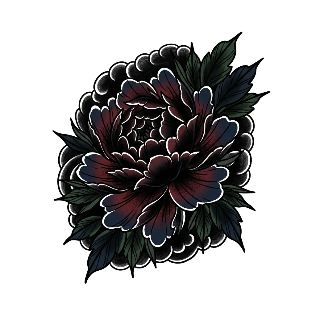 AI generated example: cover-up tattoo design, a large dark peony with heavy black background shading, on a white background