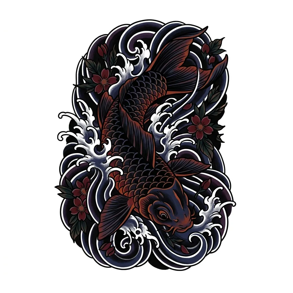 AI generated example: cover-up tattoo design, a koi in dark swirling water, on a white background