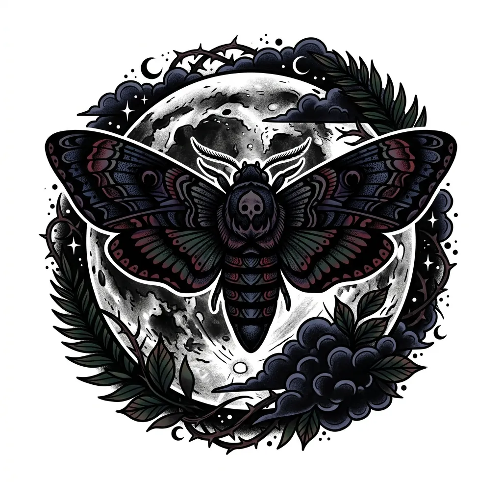 AI generated example: cover-up tattoo design, a dark moth over a full moon framed by dark leaves, on a white background