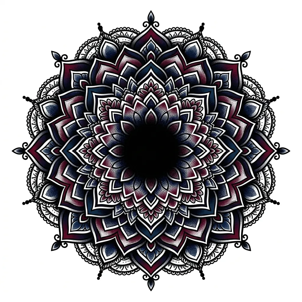 AI generated example: cover-up tattoo design, a dense ornamental mandala with a solid black centre, on a white background