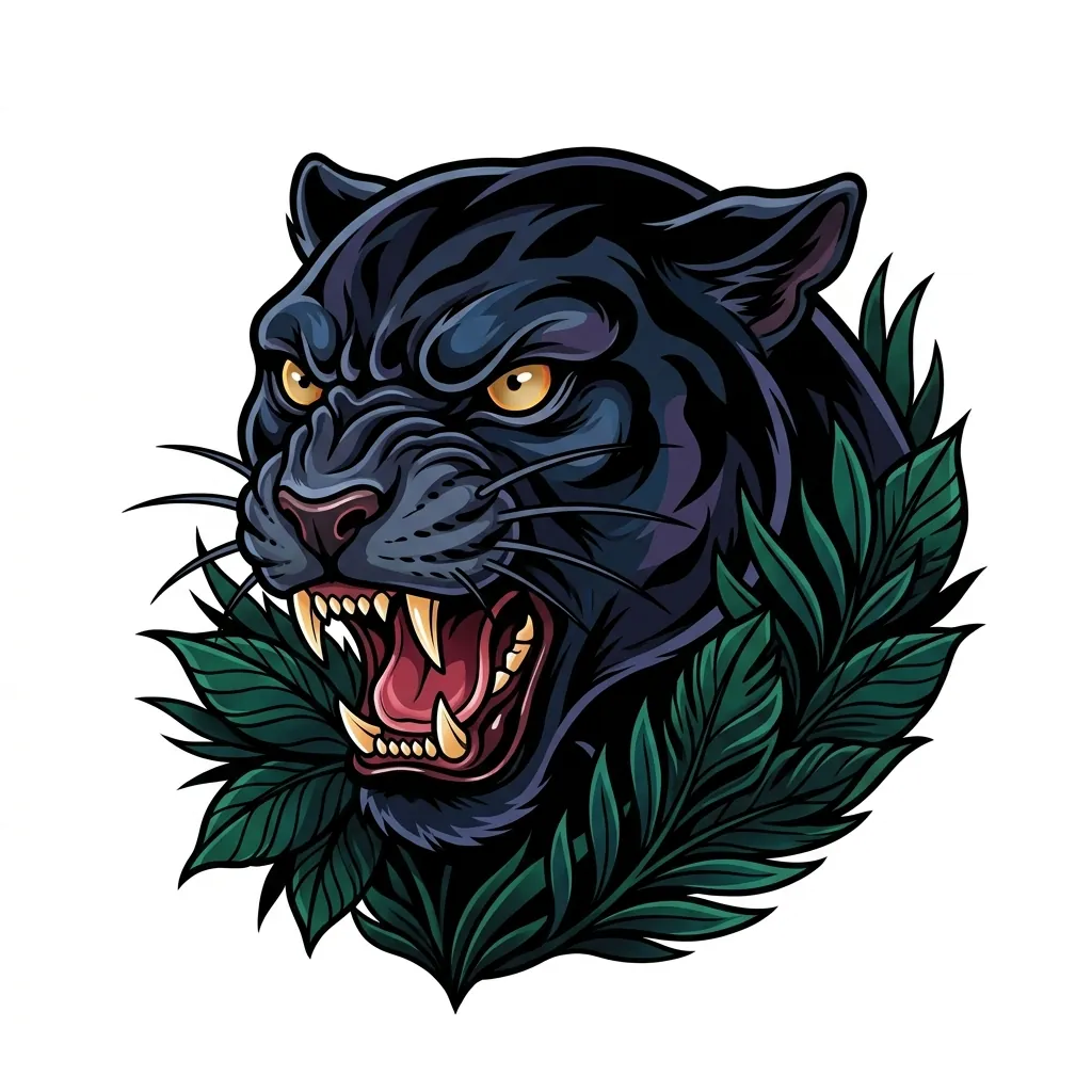 AI generated example: cover-up tattoo design, a black panther head, on a white background