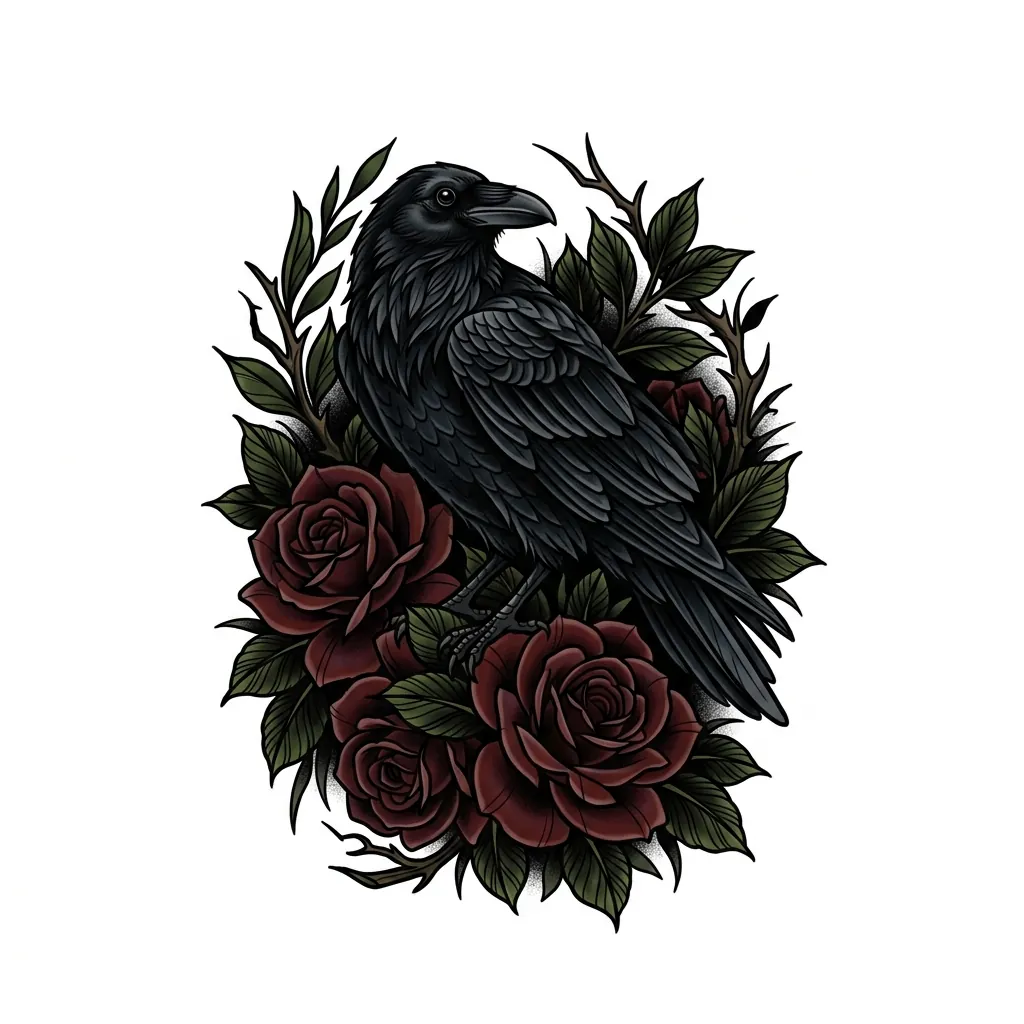 AI generated example: cover-up tattoo design, a raven over dark red roses, on a white background