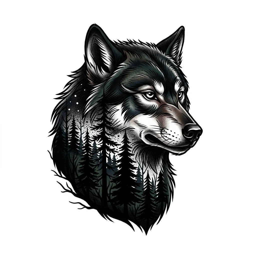 AI generated example: cover-up tattoo design, a wolf head with a dark pine forest, on a white background