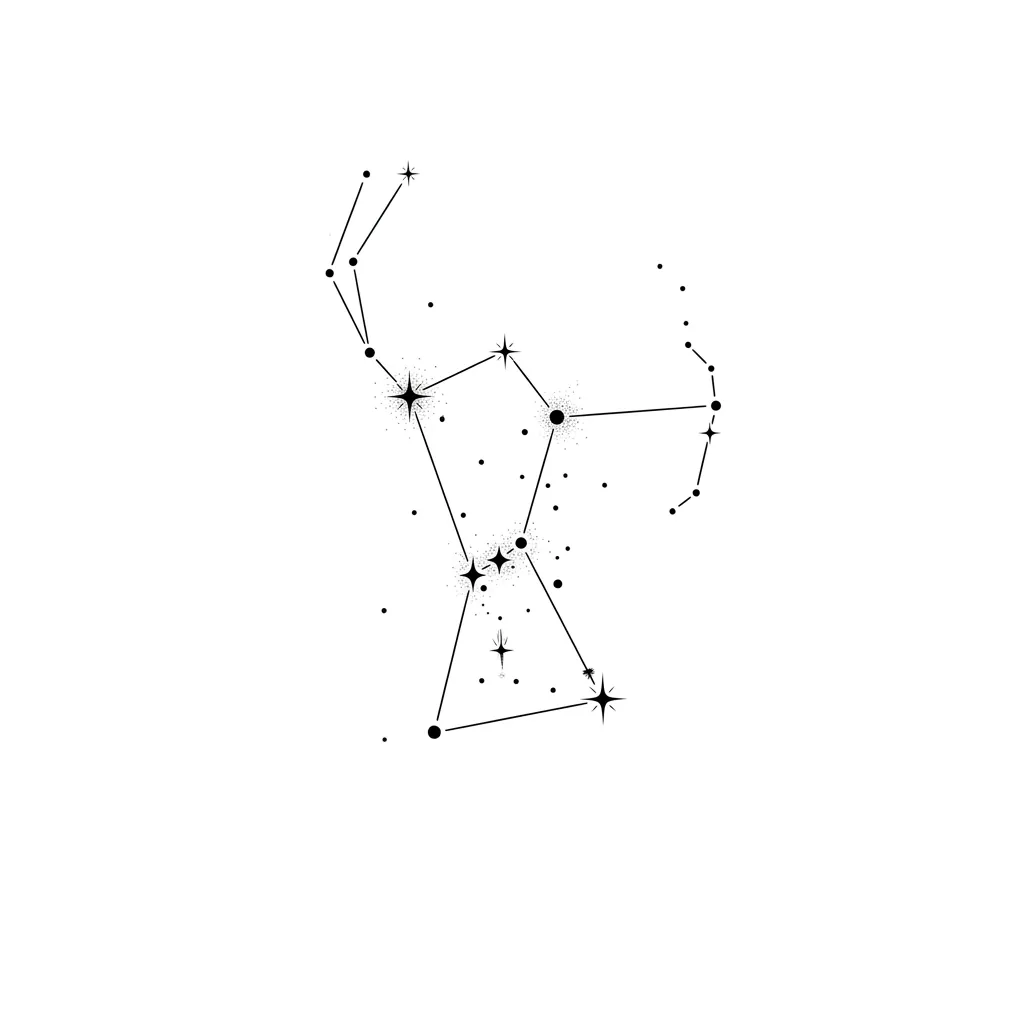AI generated example: fine line tattoo design, a star constellation drawn as small dots joined by fine lines, on a white background