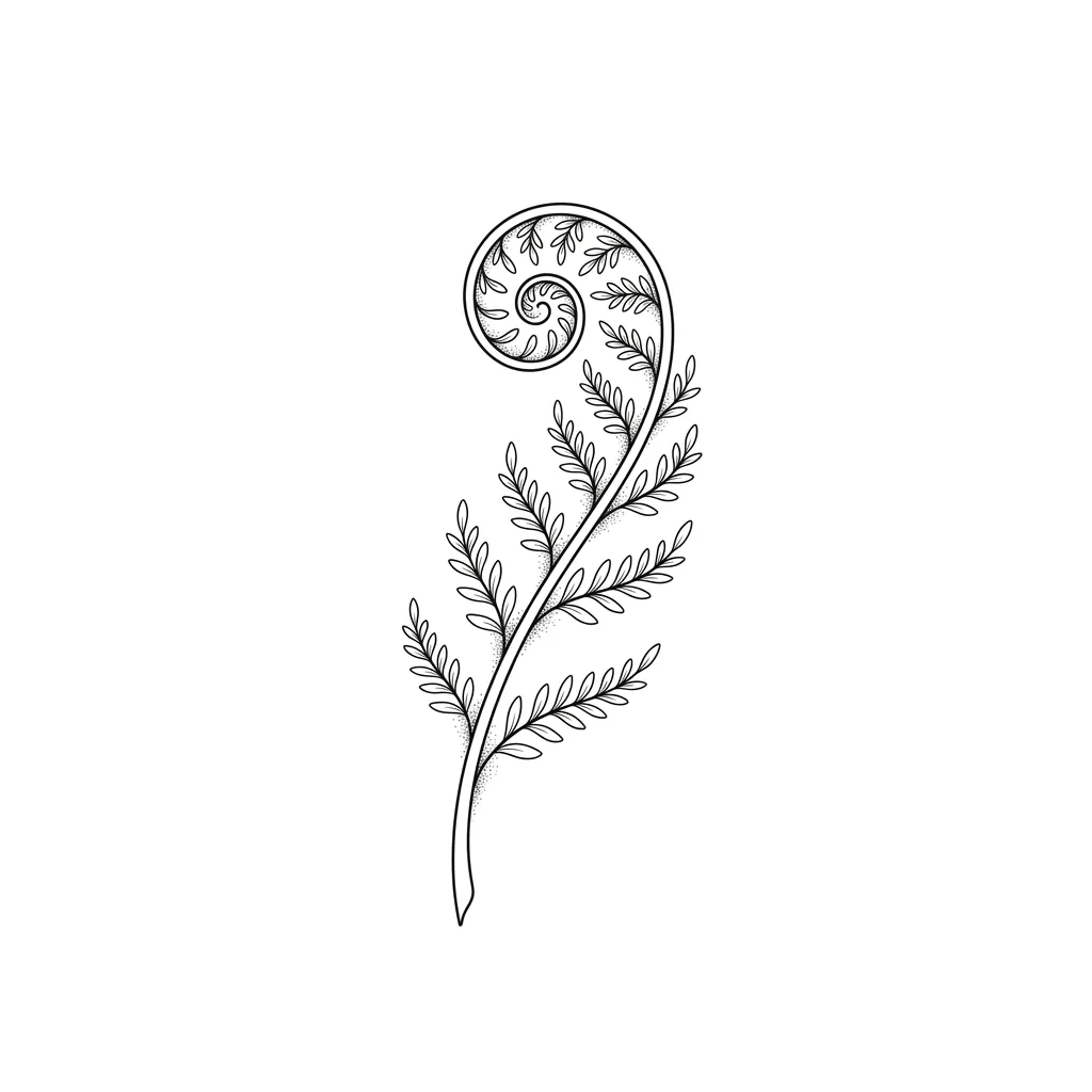 AI generated example: fine line tattoo design, a single unfurling fern frond, on a white background