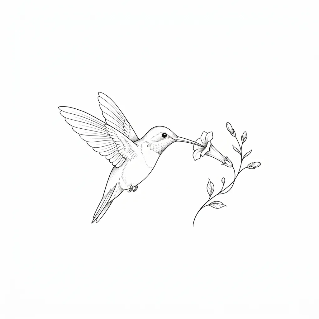 AI generated example: fine line tattoo design, a hummingbird feeding at a small trumpet flower, on a white background