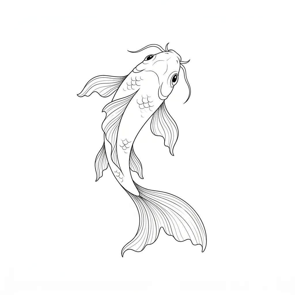AI generated example: fine line tattoo design, a koi fish outline with minimal scale detail, on a white background