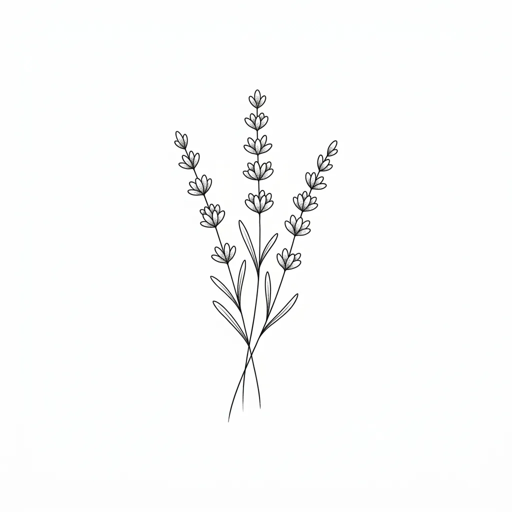 AI generated example: fine line tattoo design, three sprigs of lavender, on a white background