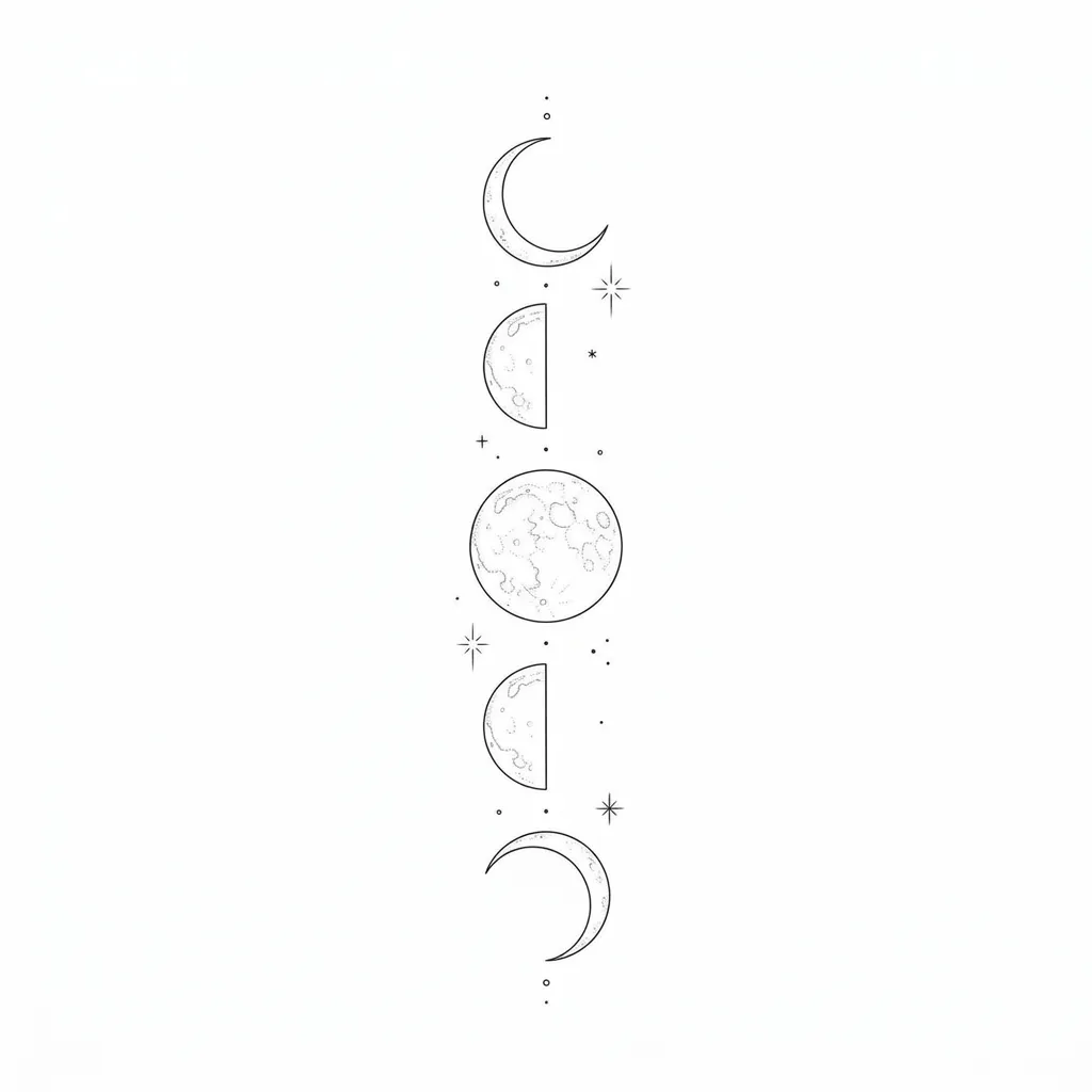 AI generated example: fine line tattoo design, a vertical row of five moon phases, on a white background