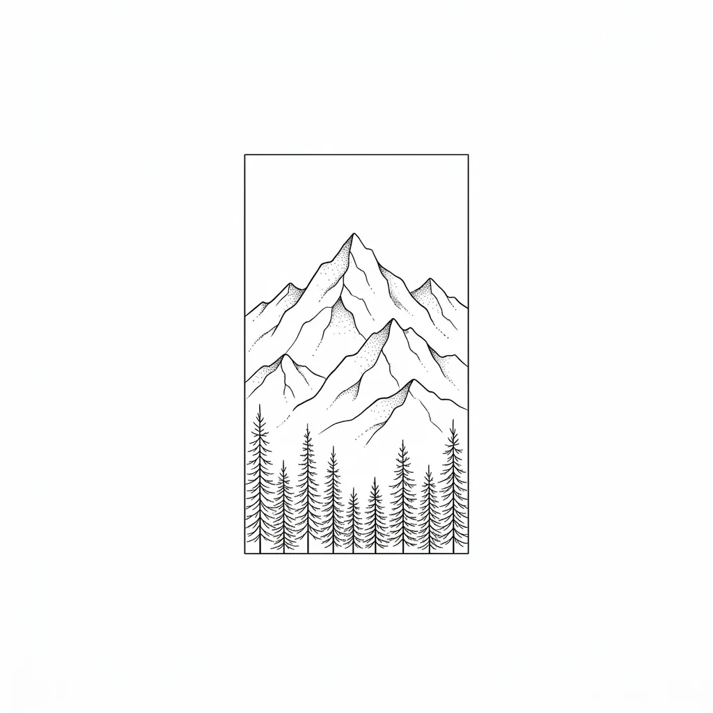 AI generated example: fine line tattoo design, a mountain range with a pine tree line inside a thin rectangle, on a white background