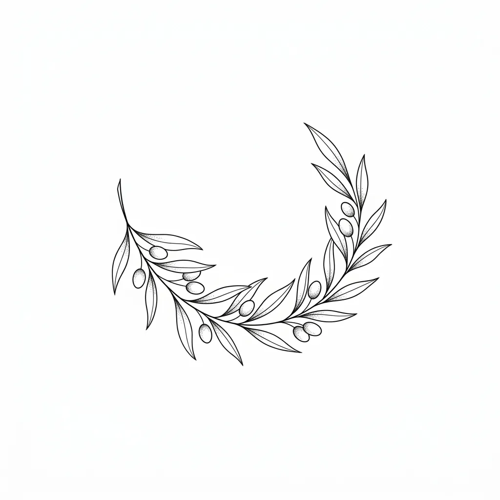 AI generated example: fine line tattoo design, a curved olive branch, on a white background