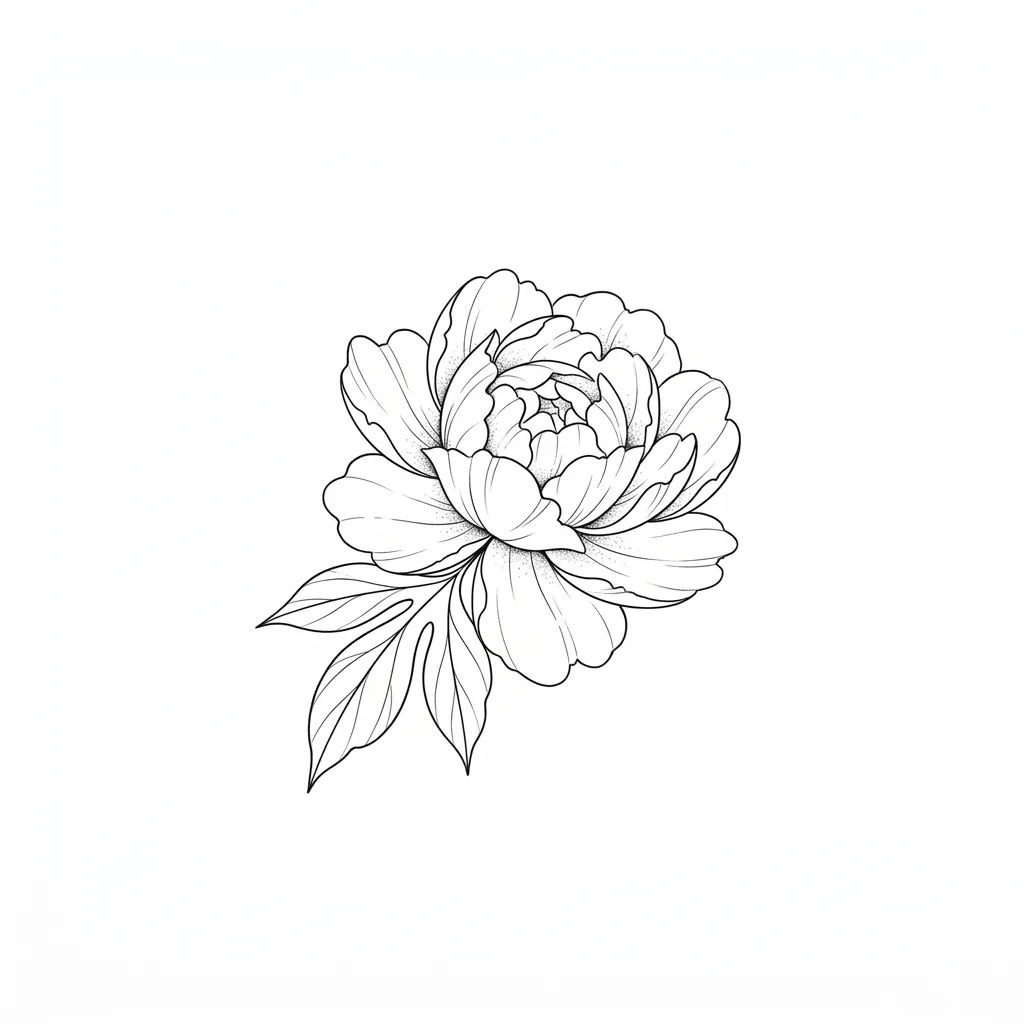 AI generated example: fine line tattoo design, a single peony with two leaves, on a white background