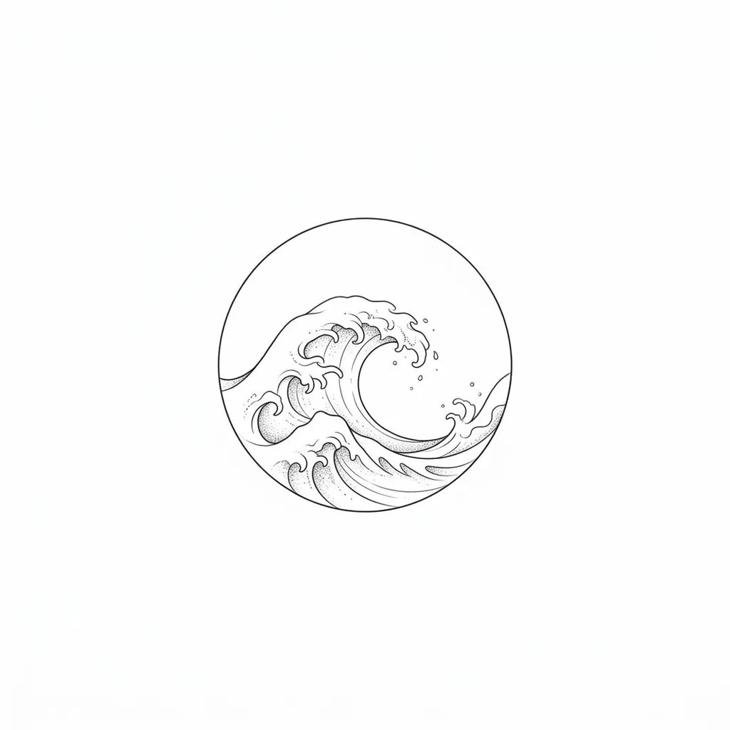 AI generated example: fine line tattoo design, a small breaking ocean wave inside a thin circle, on a white background