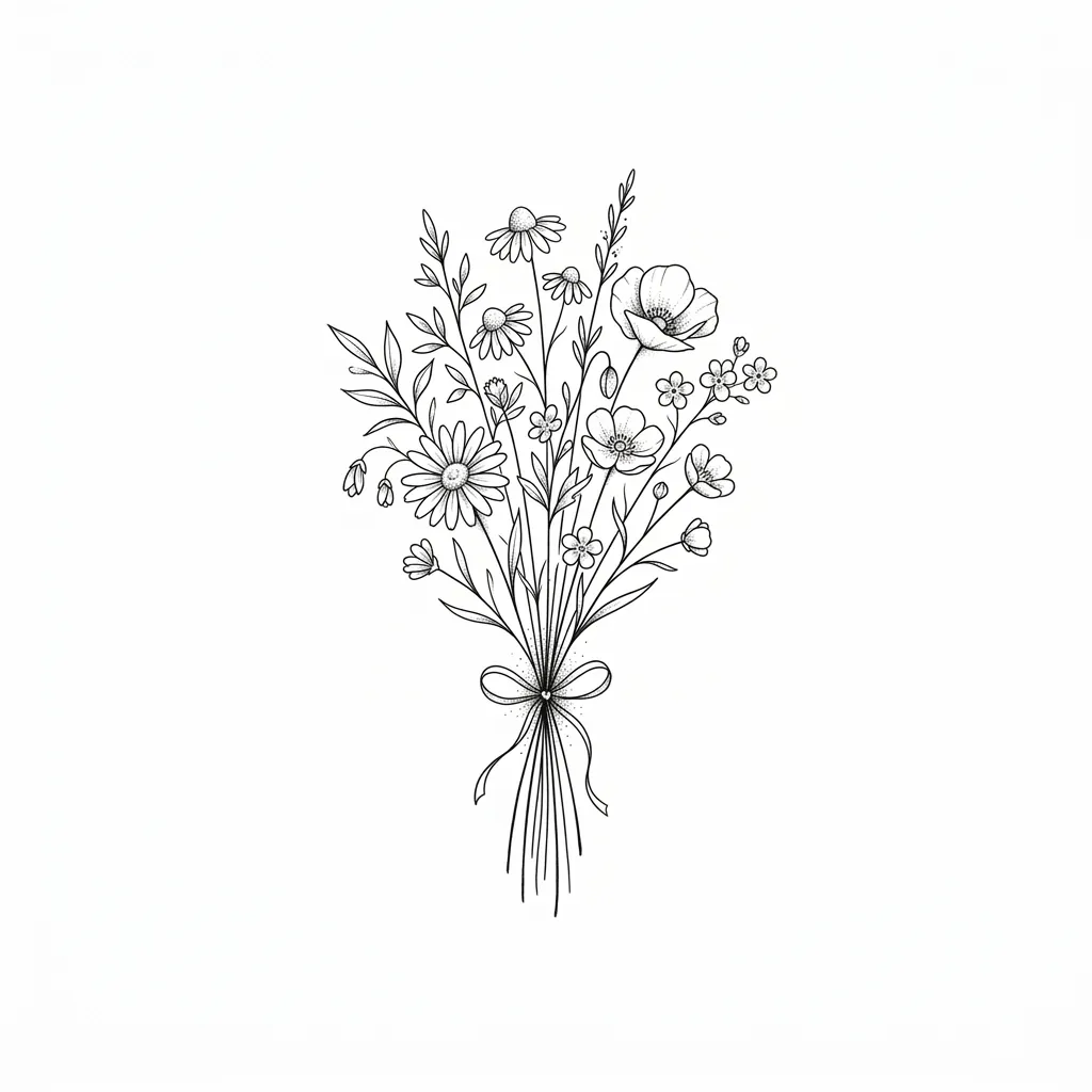 AI generated example: fine line tattoo design, a small bunch of mixed wildflowers tied with a thin ribbon, on a white background