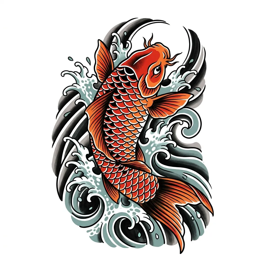 AI generated example: japanese tattoo design, a koi fish swimming upstream through waves, on a white background