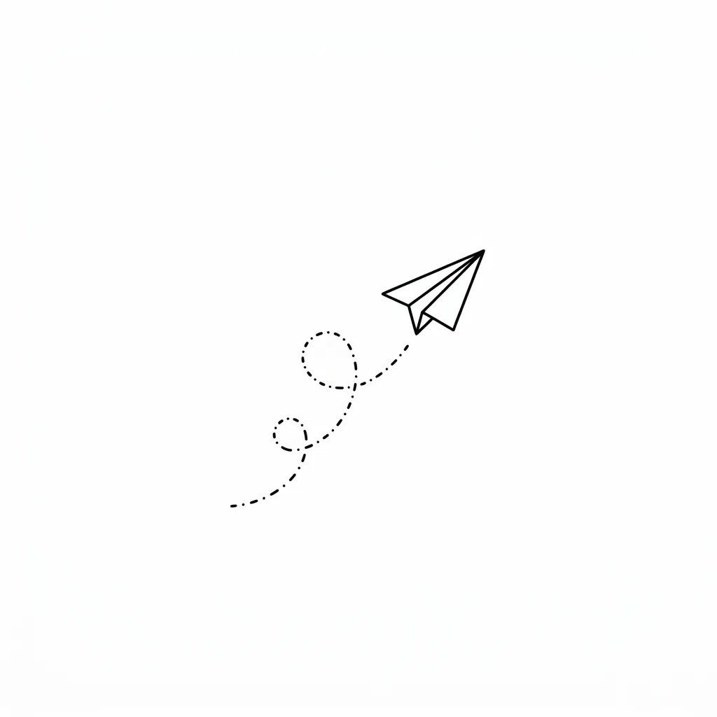AI generated example: minimalist tattoo design, a paper plane with a dotted flight path, on a white background