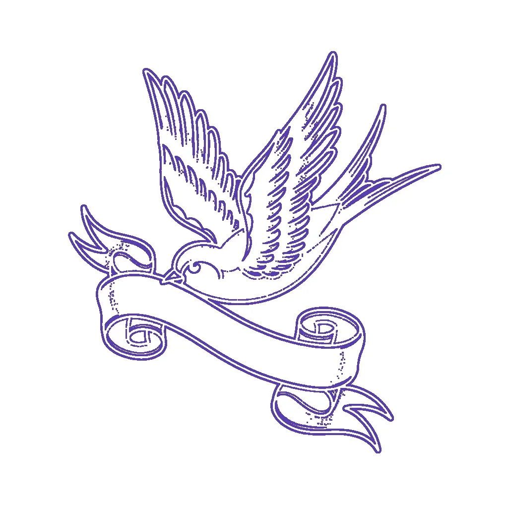 The same swallow converted to violet line art, as a stencil would look